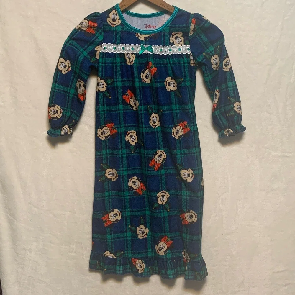 Vtg Disney Mickey Minnie Mickey Plaid Nightgown Dress PJs Sleepwear 4T Christmas - Picture 8 of 8
